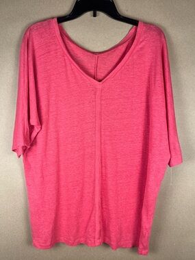 NWOT Eileen Fisher 100% Linen V-Neck Boxy Tee Top Medium Coral Pink